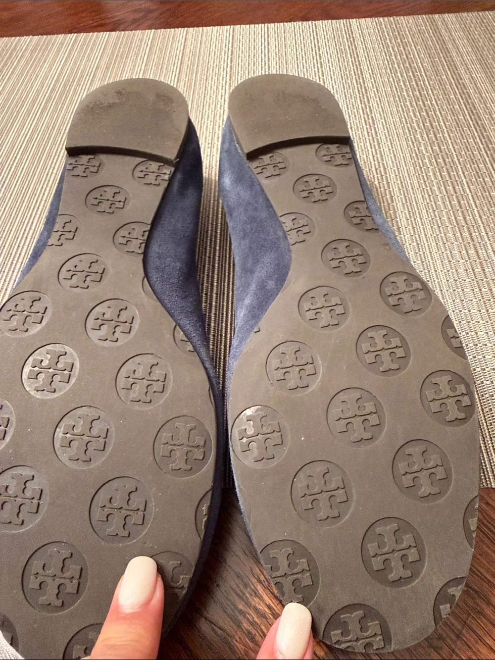 Tory Burch Navy Suede Logo Ballet Flats with Gold Emblem